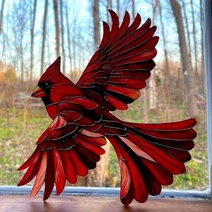 Suncatcher Acrylic Red Cardinal Bird Wildlife Decor Faux Stained Glass
